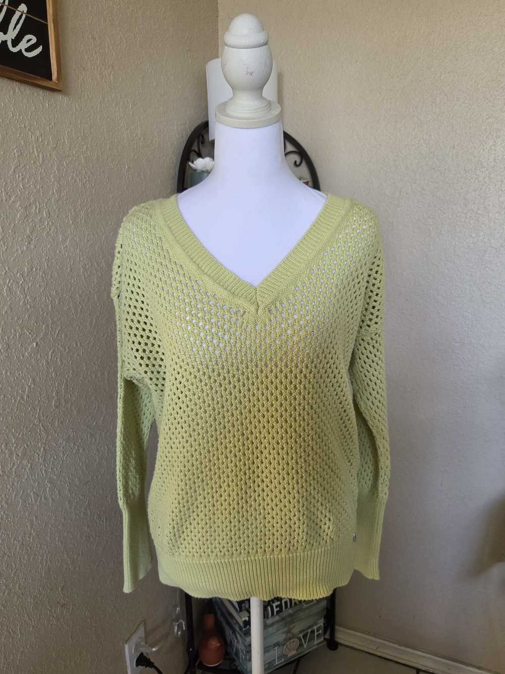 DKNY Light Lime Open-Knit V-Neck Sweater